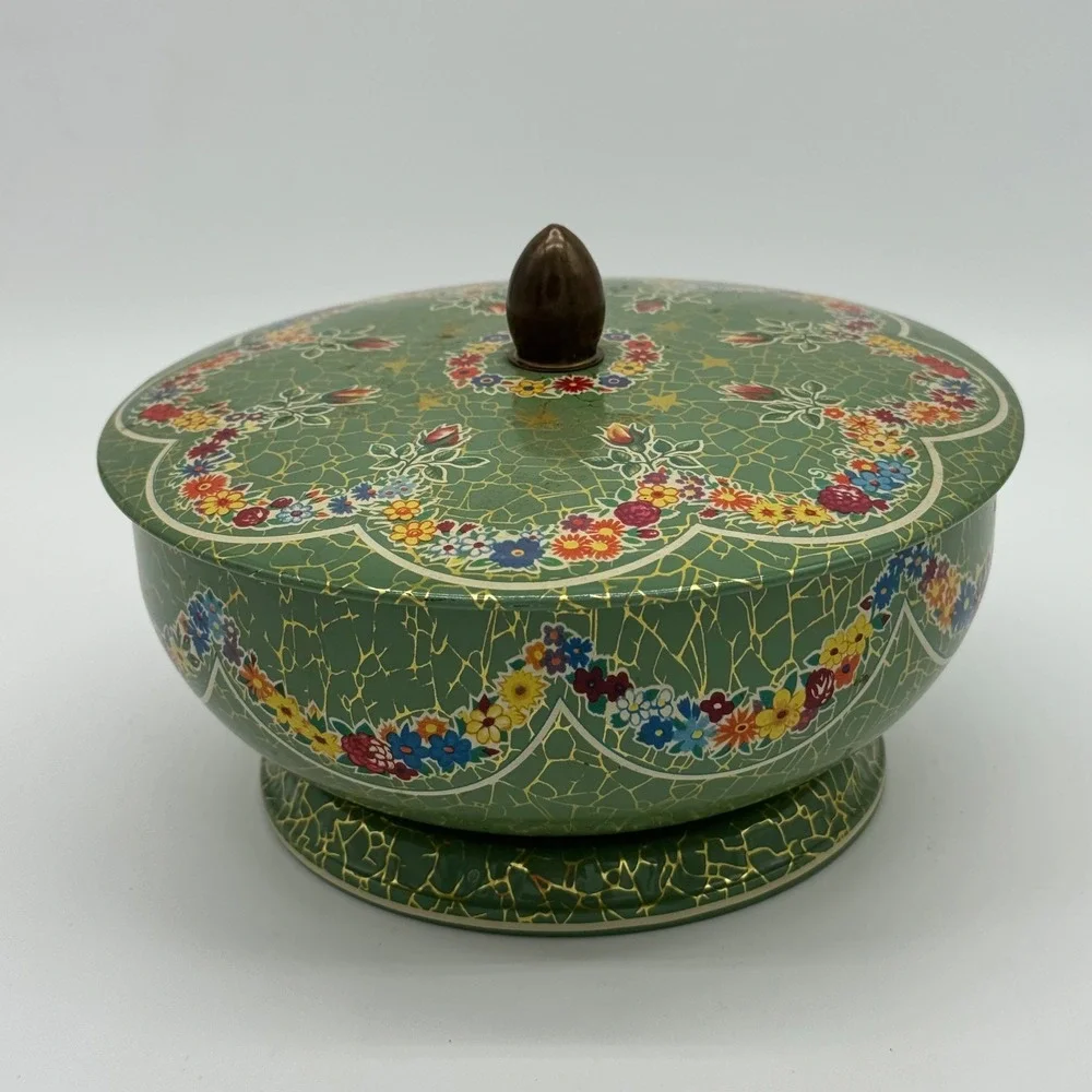 Vintage Daher England Green Crackle Floral Pedestal Candy Tin Acorn Knob Lid